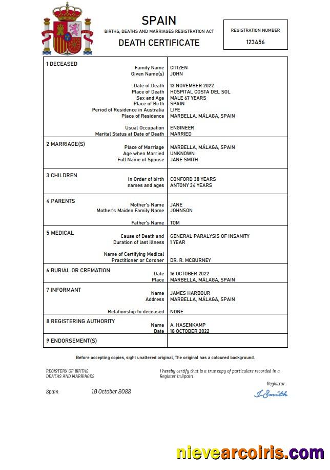 Spain death certificate